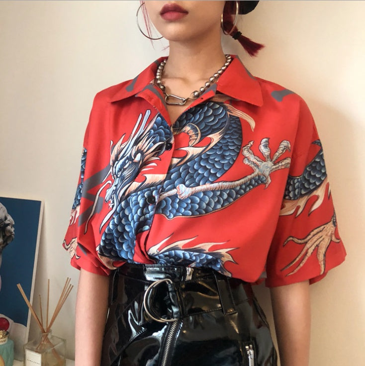 Summer Harajuku BF wind street vintage flying dragon print loose men and women couple short-sleeved shirt shirt