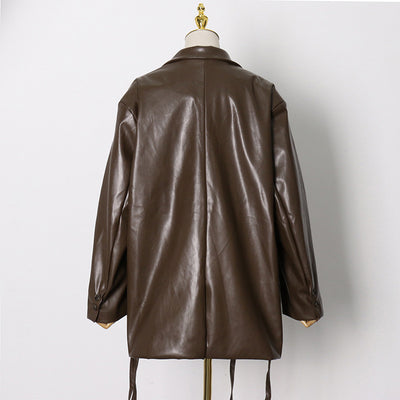GALCAUR Brown Blazers For Women Notched Collar Long Sleeve Patchwork Pockets Lace Up High Street Coats Female  Fall Clothing