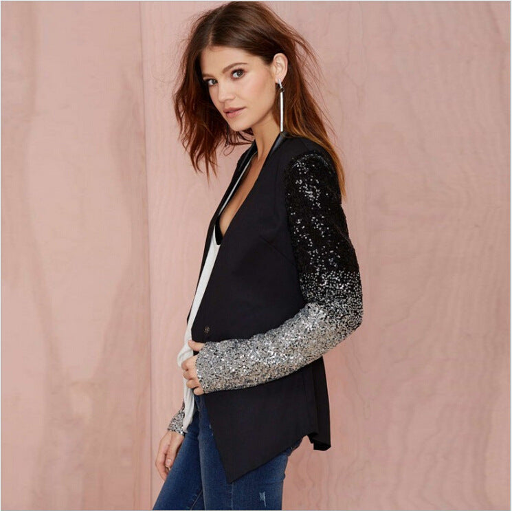 Women Thin Jacket Coat Spring Autumn Long Sleeve Lapel Fashion Silver Black Sequin Elegant Slim Work Blazers Suit feminino