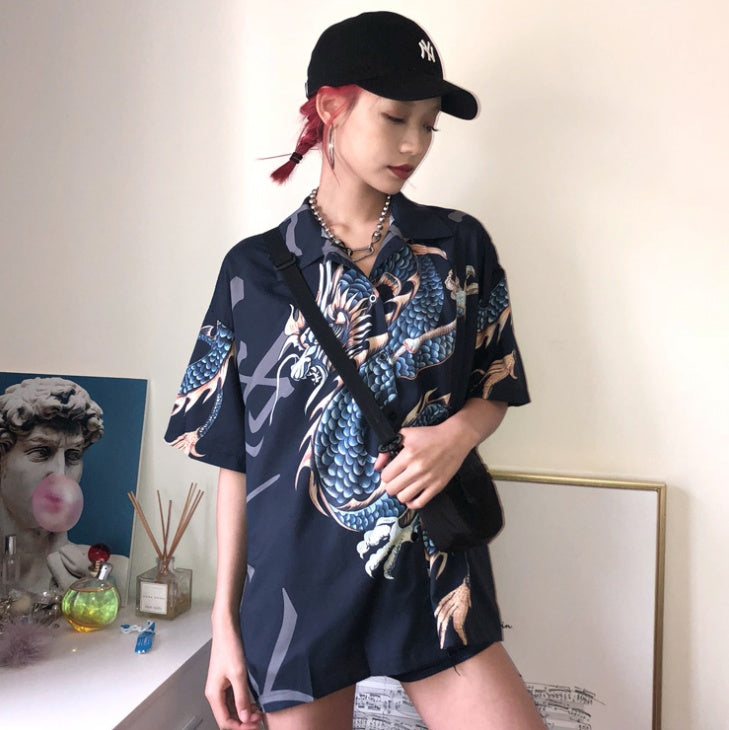 Summer Harajuku BF wind street vintage flying dragon print loose men and women couple short-sleeved shirt shirt