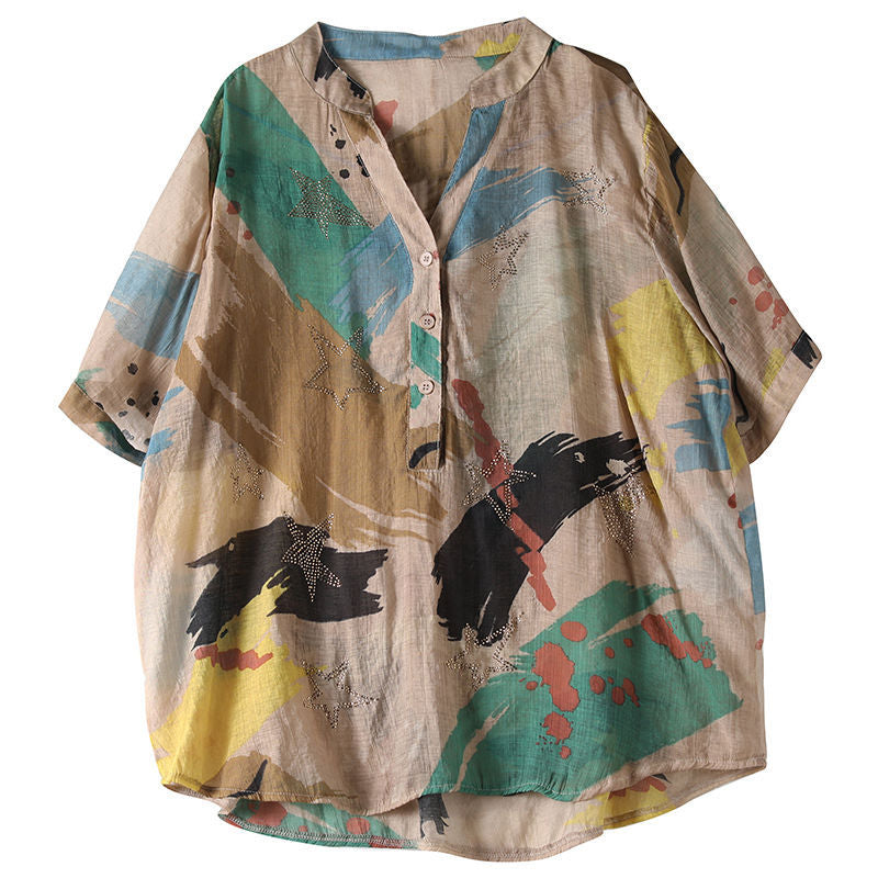 Vintage Printed Shirt Women''s Middle Sleeve Large Shirt Summer