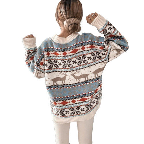 Women's Fashion Round Neck Loose Christmas Theme Jacquard Long Sleeve Sweater