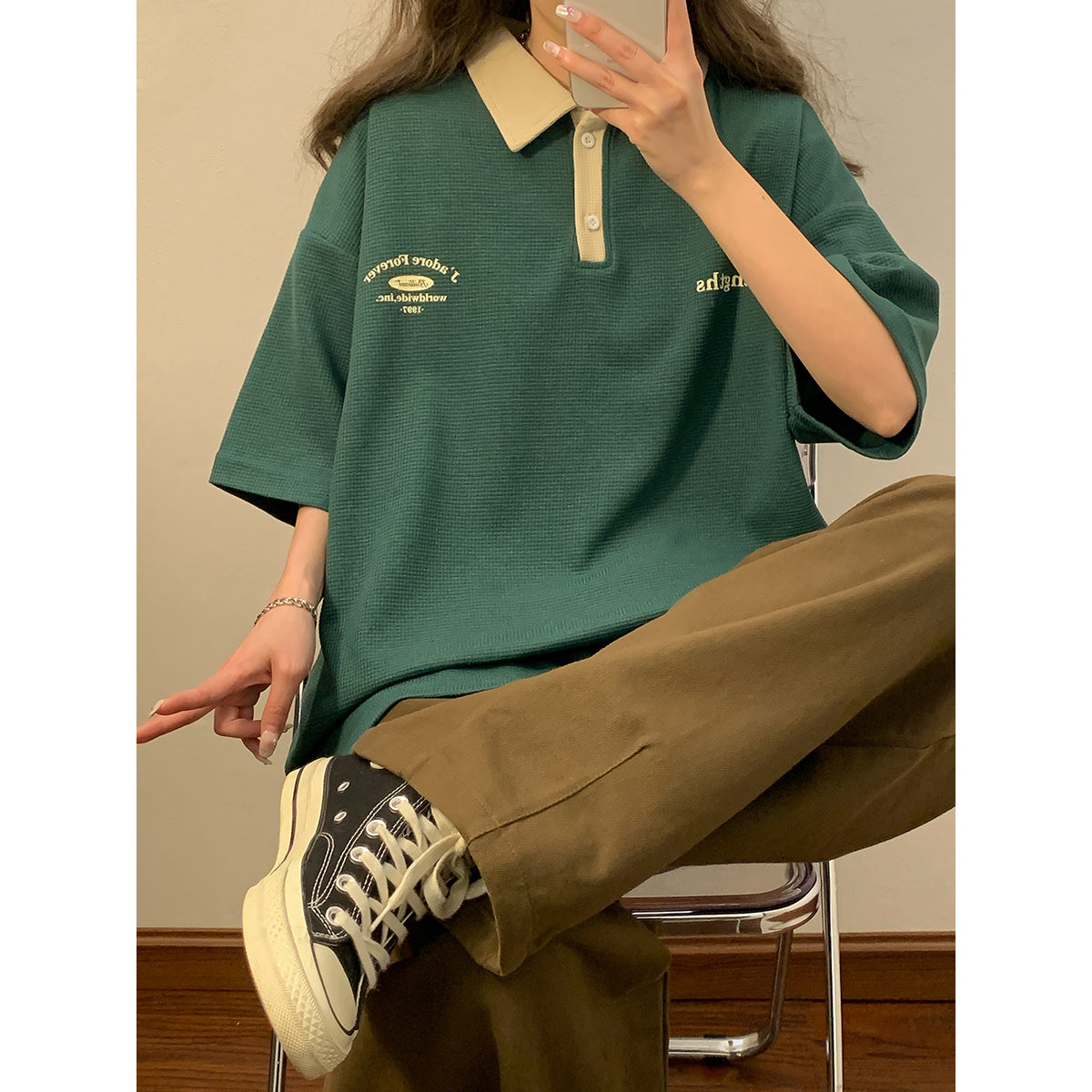 Vintage Polo Shirt Short Sleeve Loose For Women