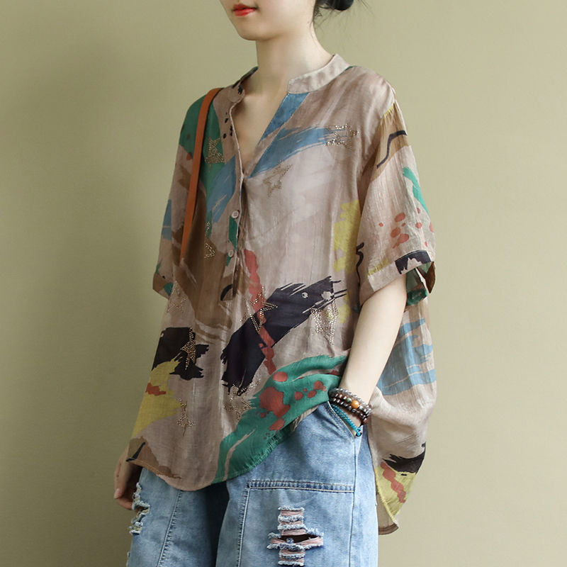 Vintage Printed Shirt Women''s Middle Sleeve Large Shirt Summer