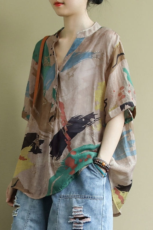 Vintage Printed Shirt Women''s Middle Sleeve Large Shirt Summer