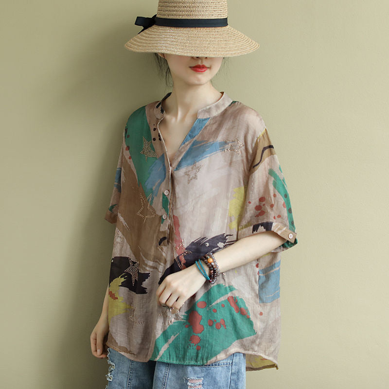 Vintage Printed Shirt Women''s Middle Sleeve Large Shirt Summer