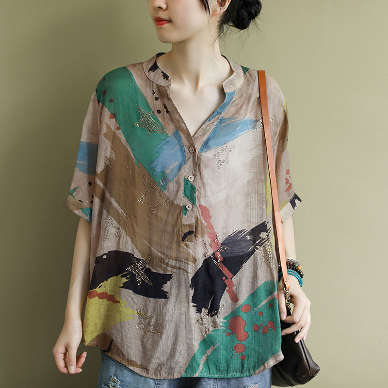 Vintage Printed Shirt Women''s Middle Sleeve Large Shirt Summer